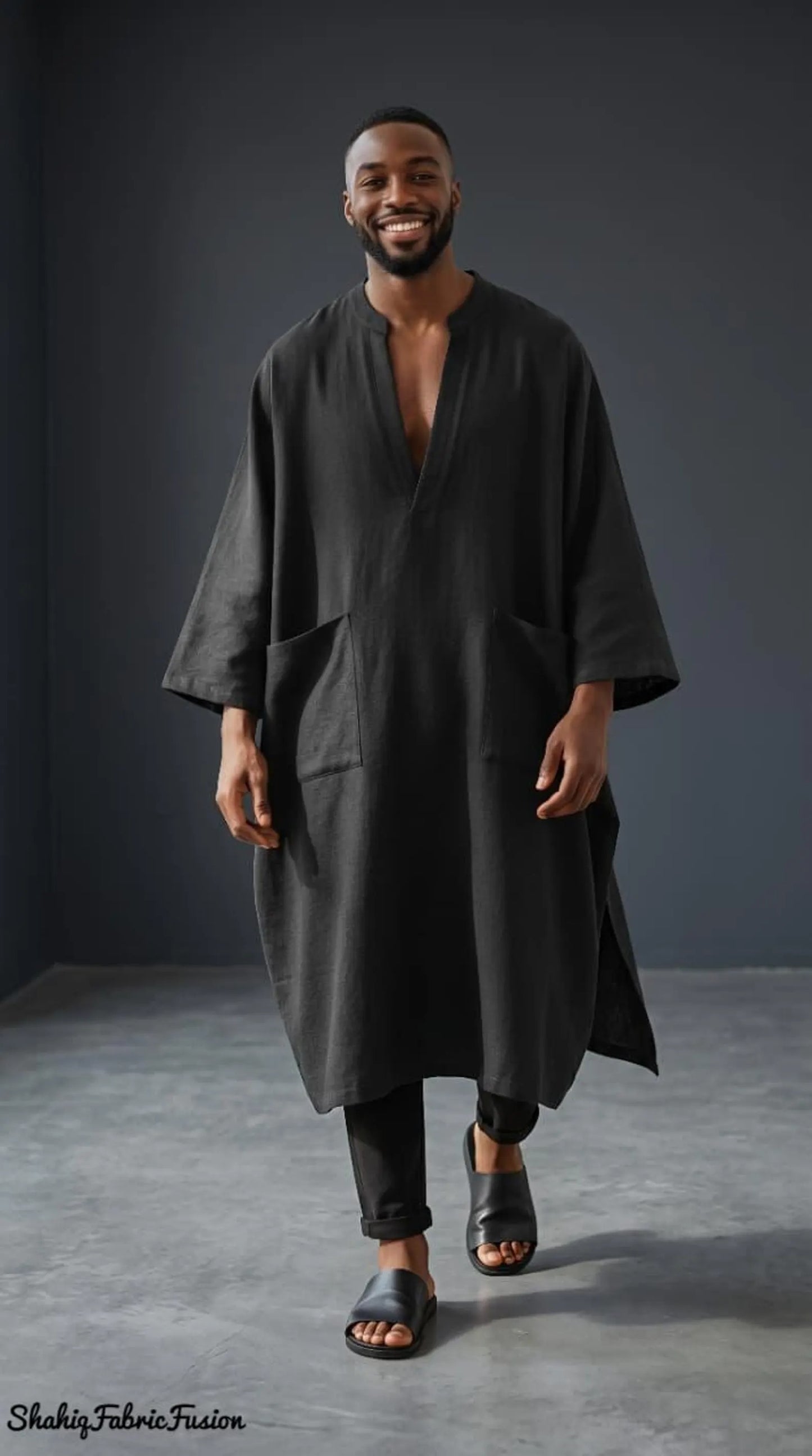 Men’s Black Linen Kaftan Robe, Custom-Made Loose Fit Tunic