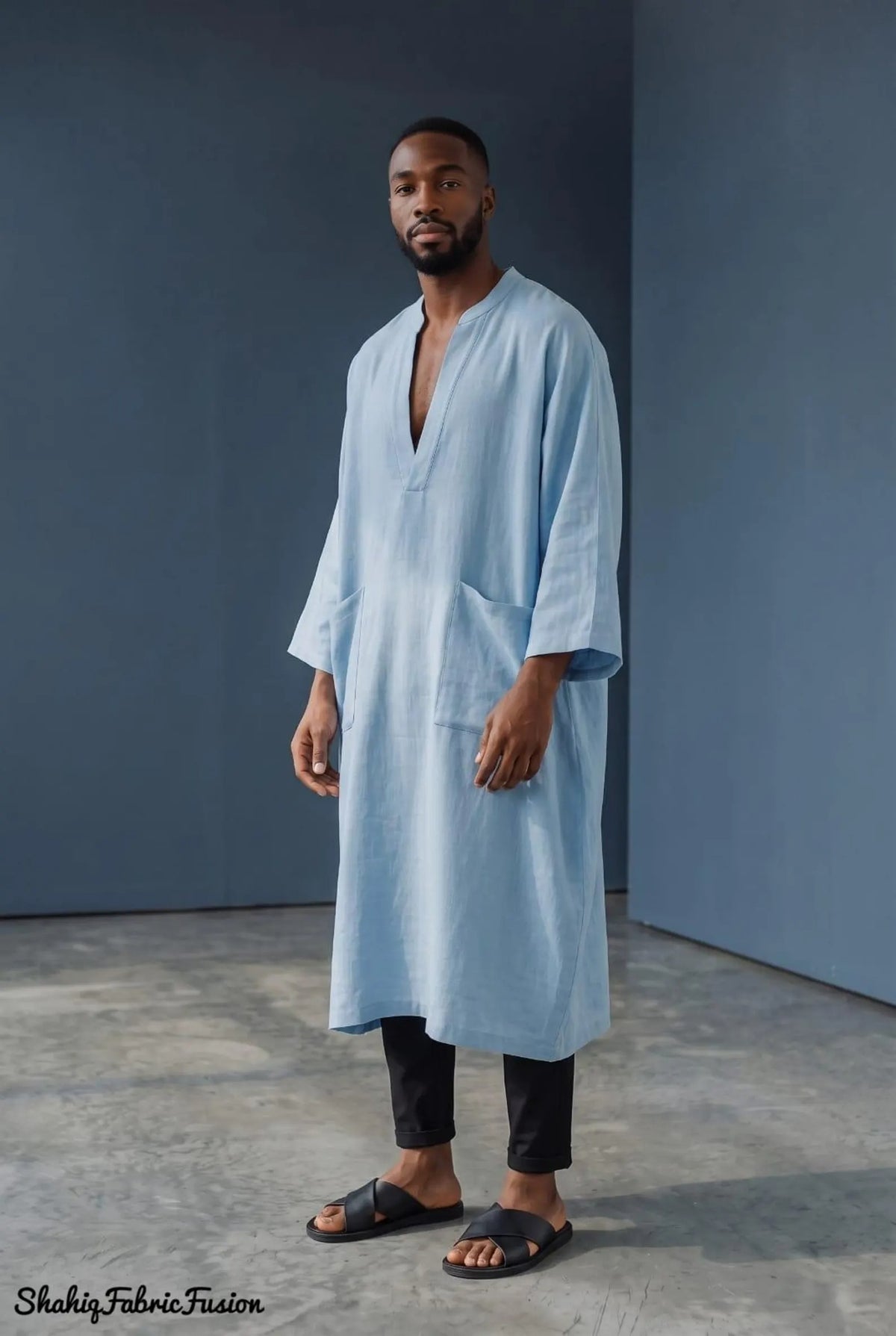 Men’s Sky Blue Linen Kaftan, Custom-Made Long Sleeve Tunic
