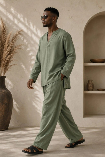 Sage Green Men’s Linen Kaftan Set, Relaxed Tunic and Pants Outfit