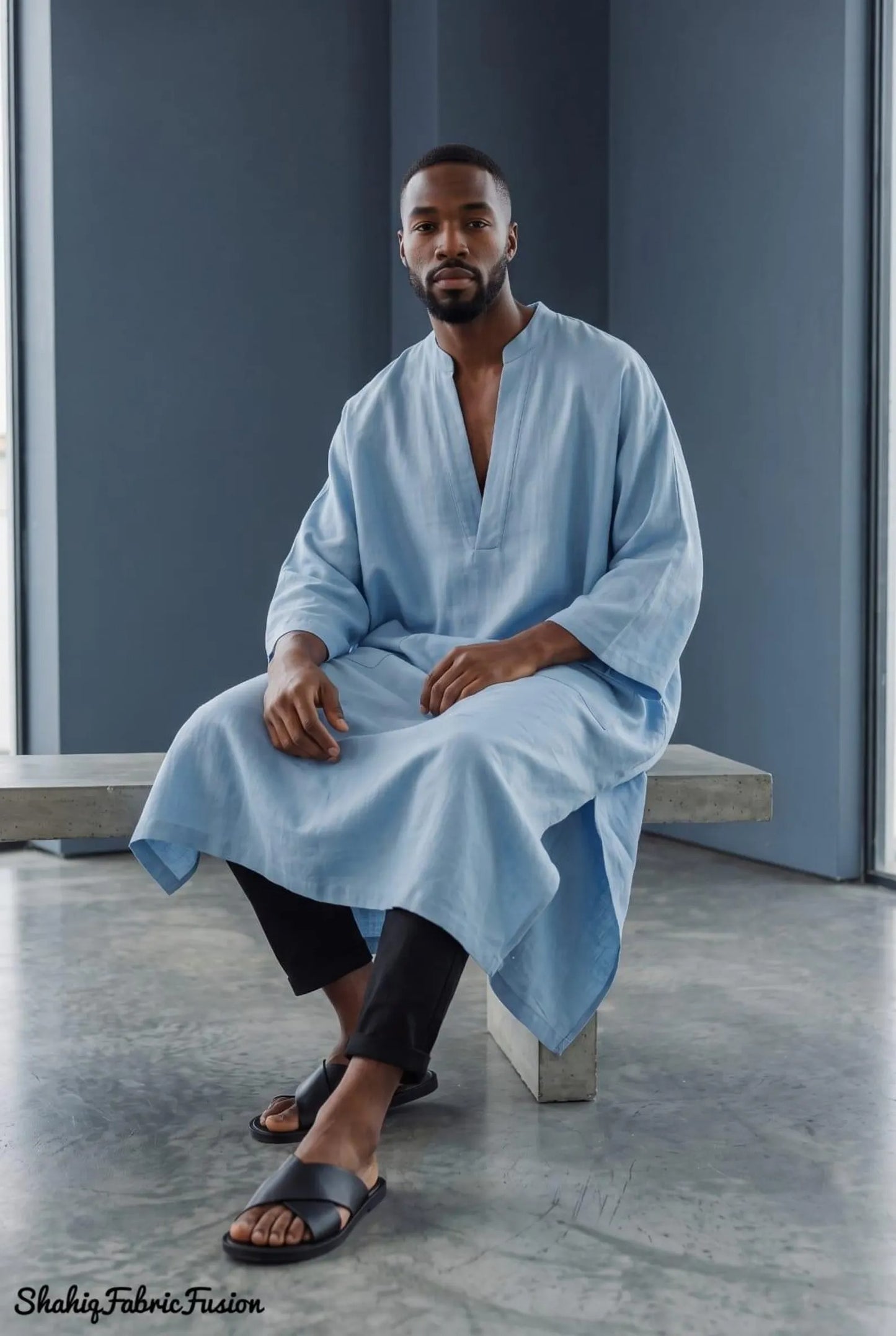 Men’s Sky Blue Linen Kaftan, Custom-Made Long Sleeve Tunic