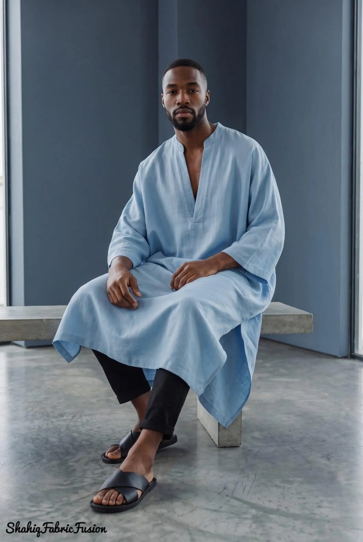 Men’s Sky Blue Linen Kaftan, Custom-Made Long Sleeve Tunic