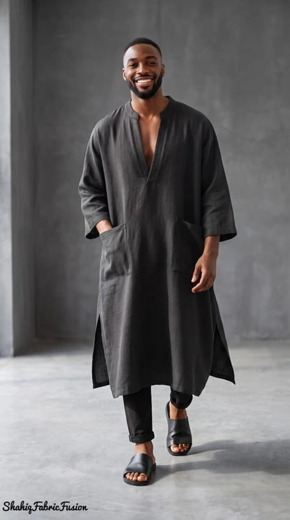 Men’s Black Linen Kaftan Robe, Custom-Made Loose Fit Tunic