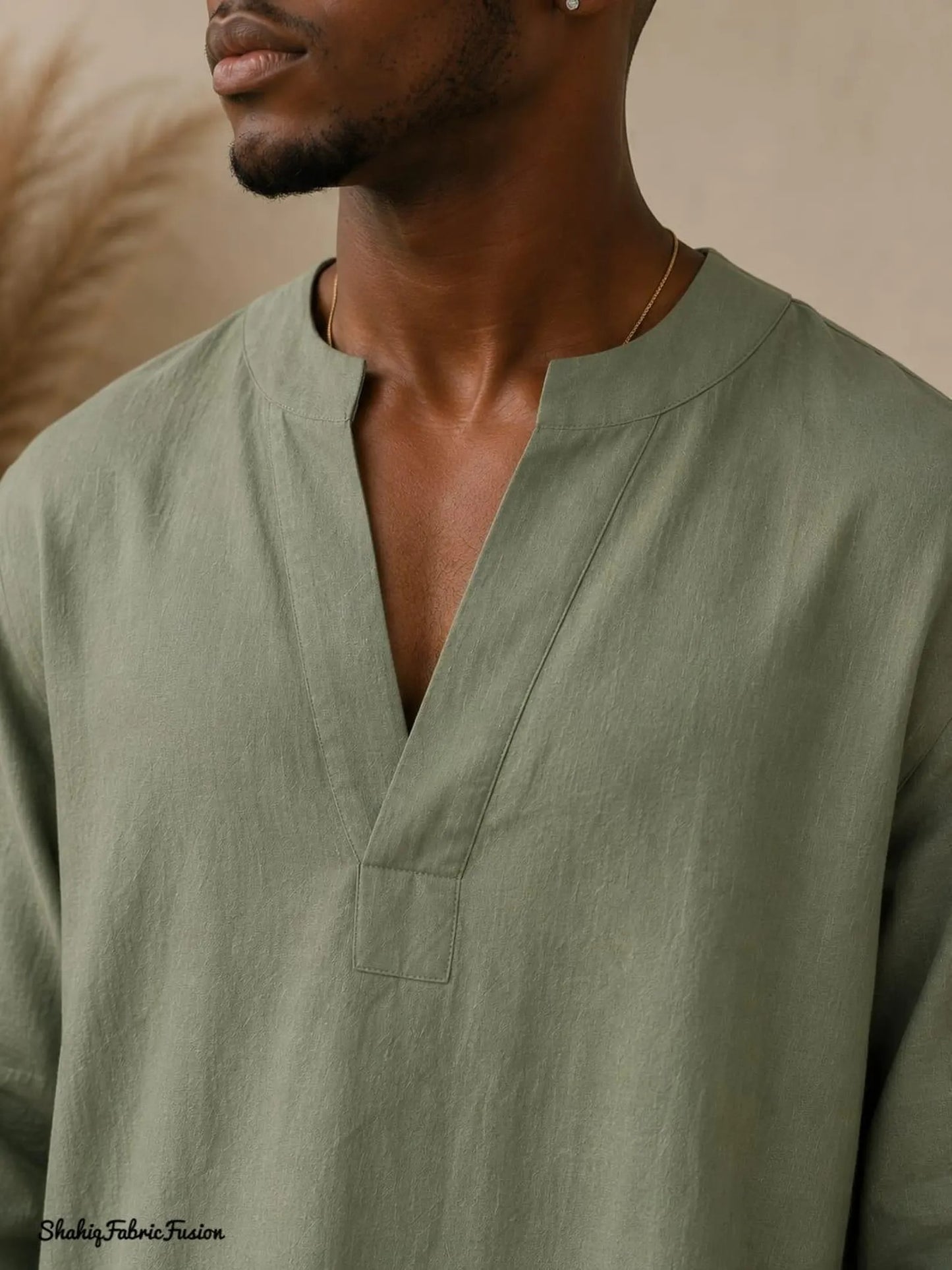 Sage Green Men’s Linen Kaftan Set, Relaxed Tunic and Pants Outfit