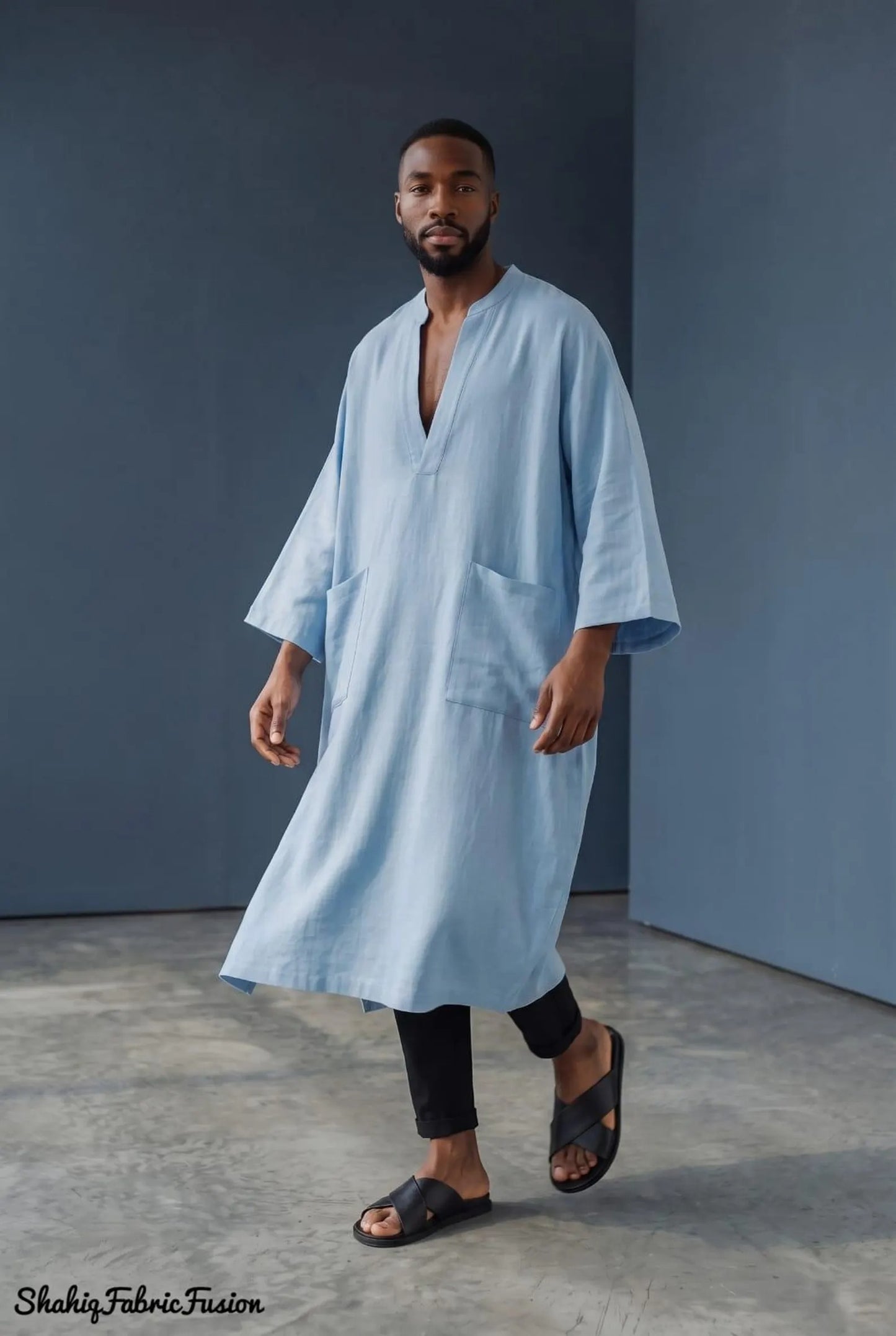 Men’s Sky Blue Linen Kaftan, Custom-Made Long Sleeve Tunic