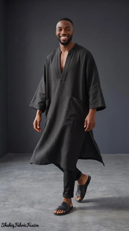 Men’s Black Linen Kaftan Robe, Custom-Made Loose Fit Tunic