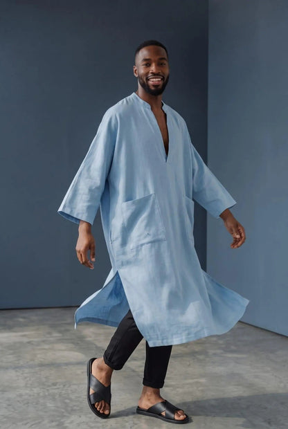 Men’s Sky Blue Linen Kaftan, Custom-Made Long Sleeve Tunic