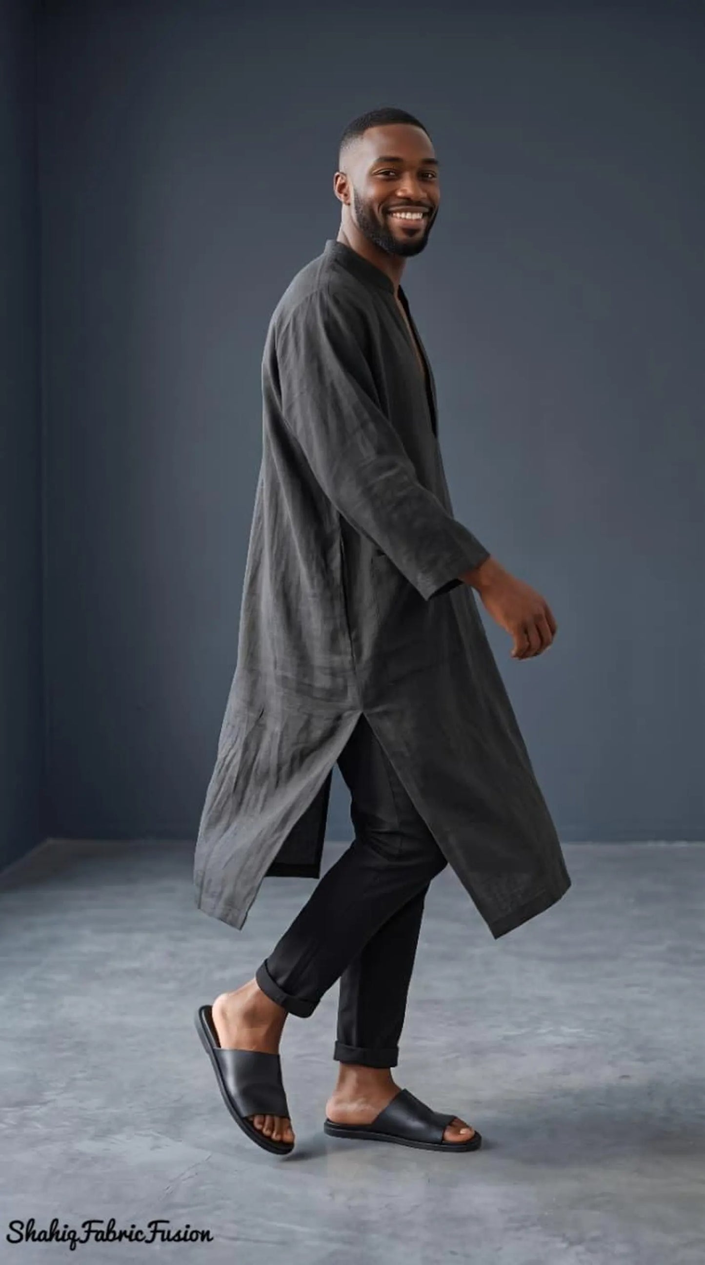 Men’s Black Linen Kaftan Robe, Custom-Made Loose Fit Tunic