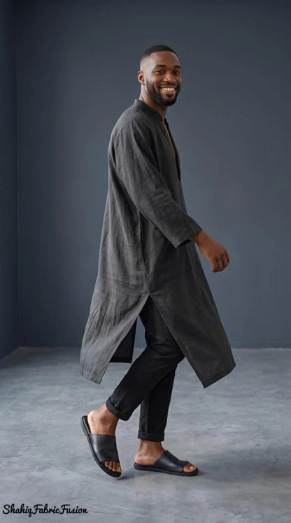 Men’s Black Linen Kaftan Robe, Custom-Made Loose Fit Tunic