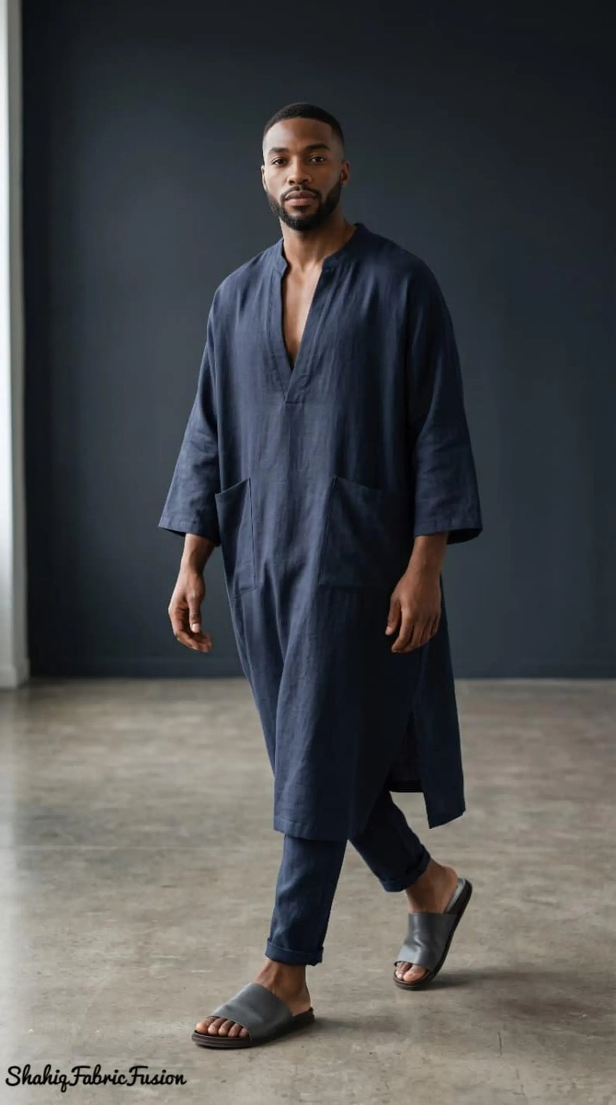 Men’s Navy Blue Linen Caftan, Traditional Spa Kaftan