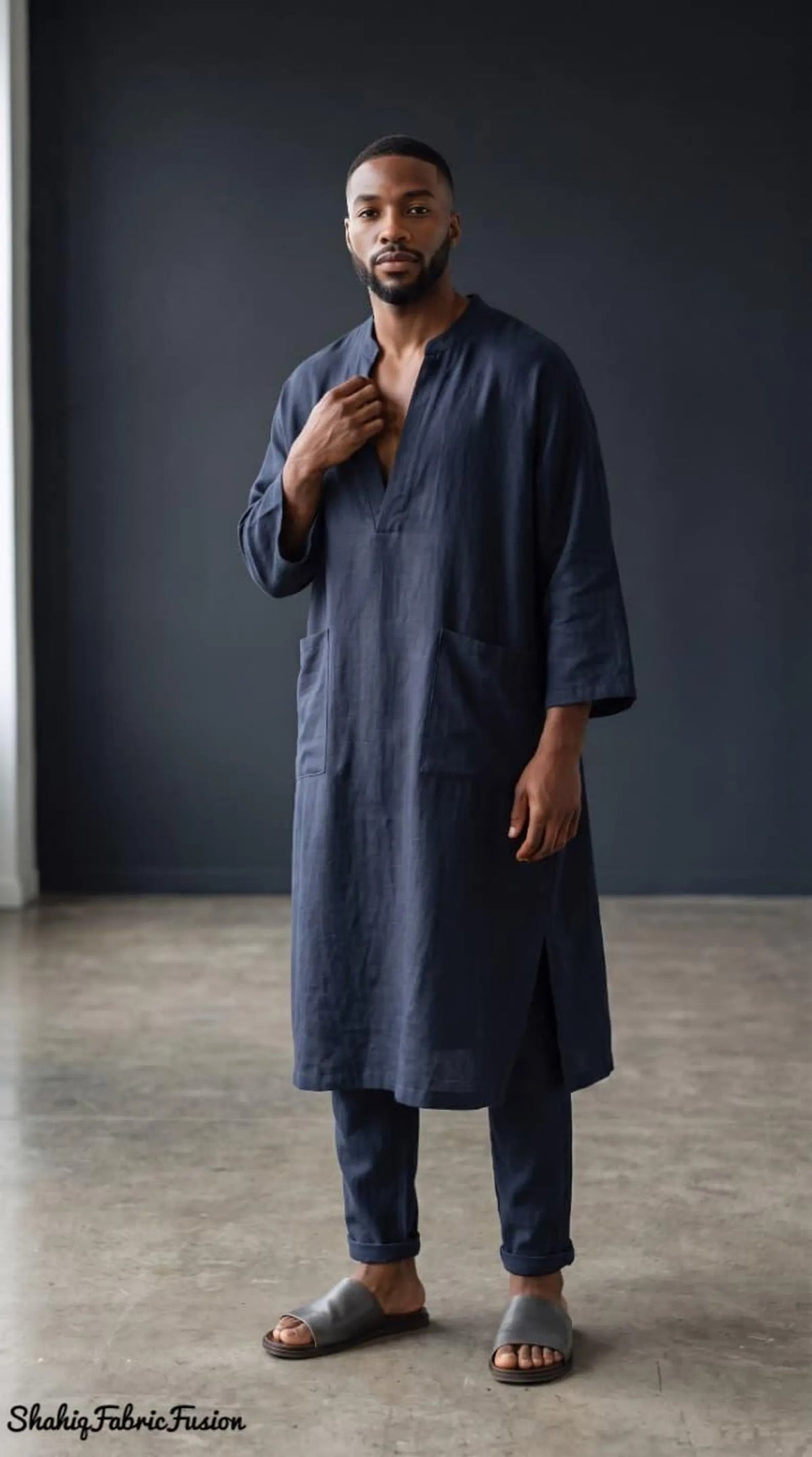 Men’s Navy Blue Linen Caftan, Traditional Spa Kaftan