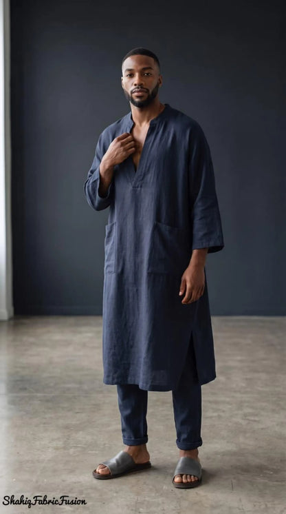 Men’s Navy Blue Linen Caftan, Traditional Spa Kaftan