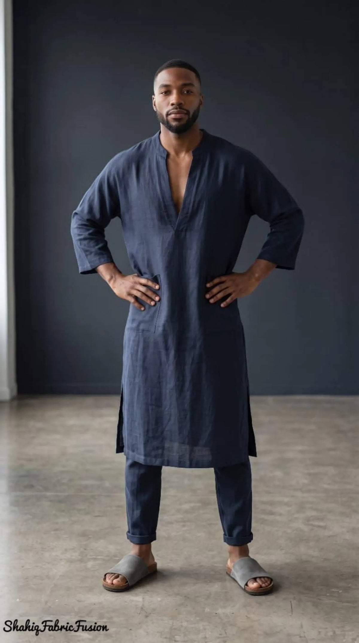 Men’s Navy Blue Linen Caftan, Traditional Spa Kaftan