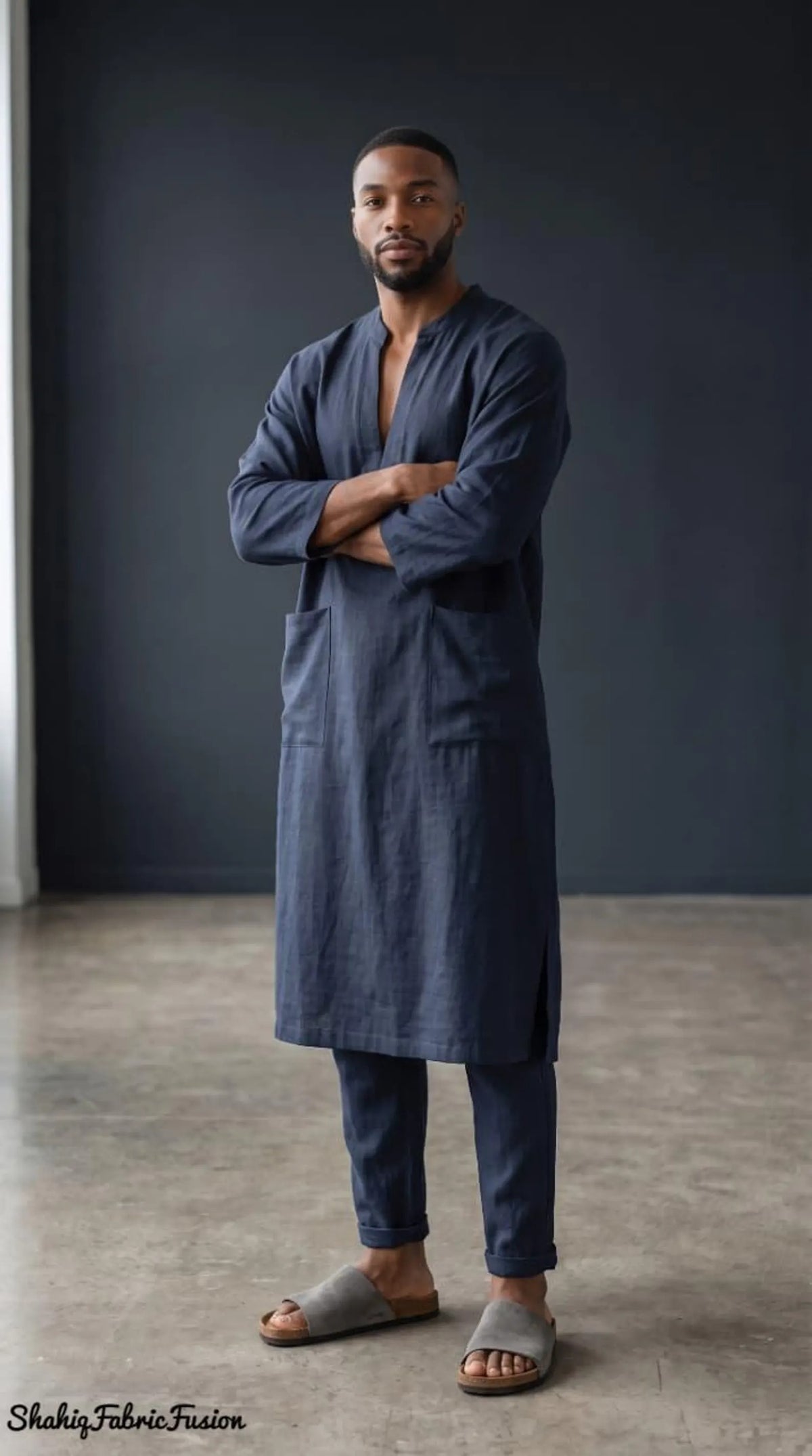 Men’s Navy Blue Linen Caftan, Traditional Spa Kaftan