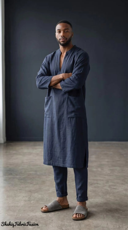 Men’s Navy Blue Linen Caftan, Traditional Spa Kaftan
