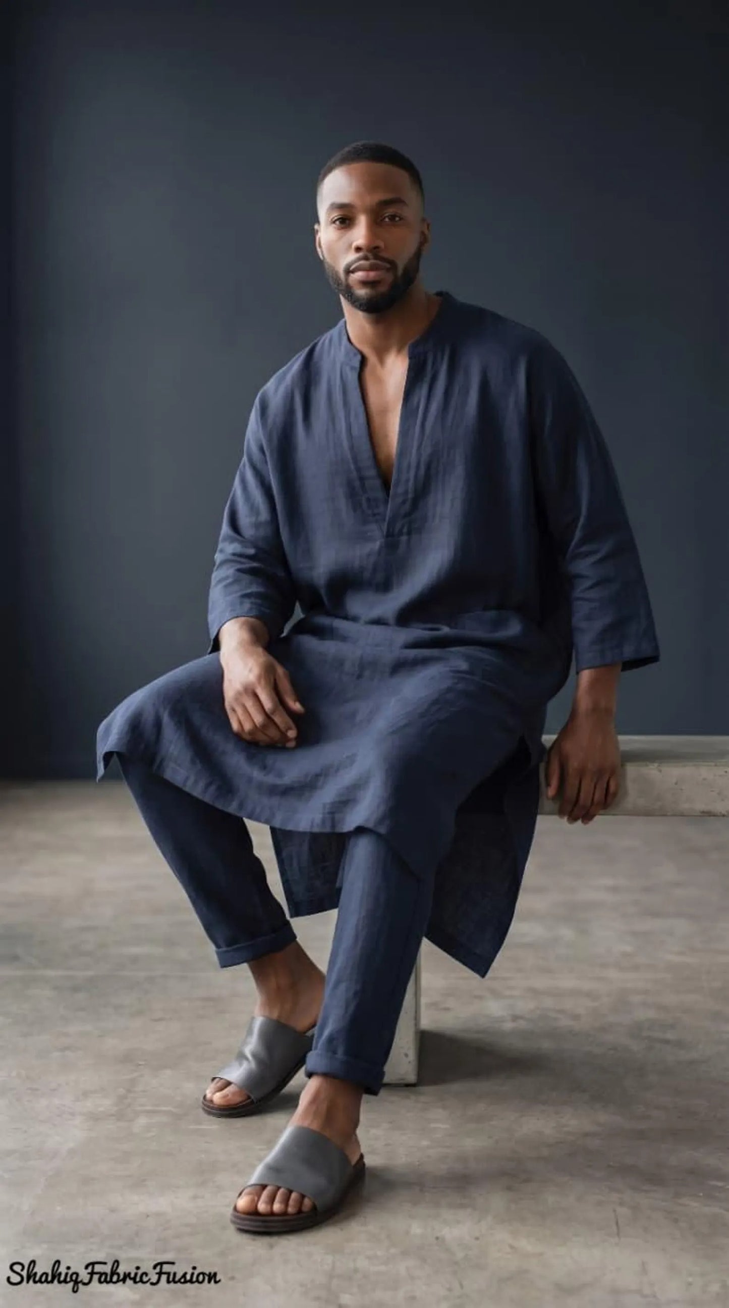 Men’s Navy Blue Linen Caftan, Traditional Spa Kaftan