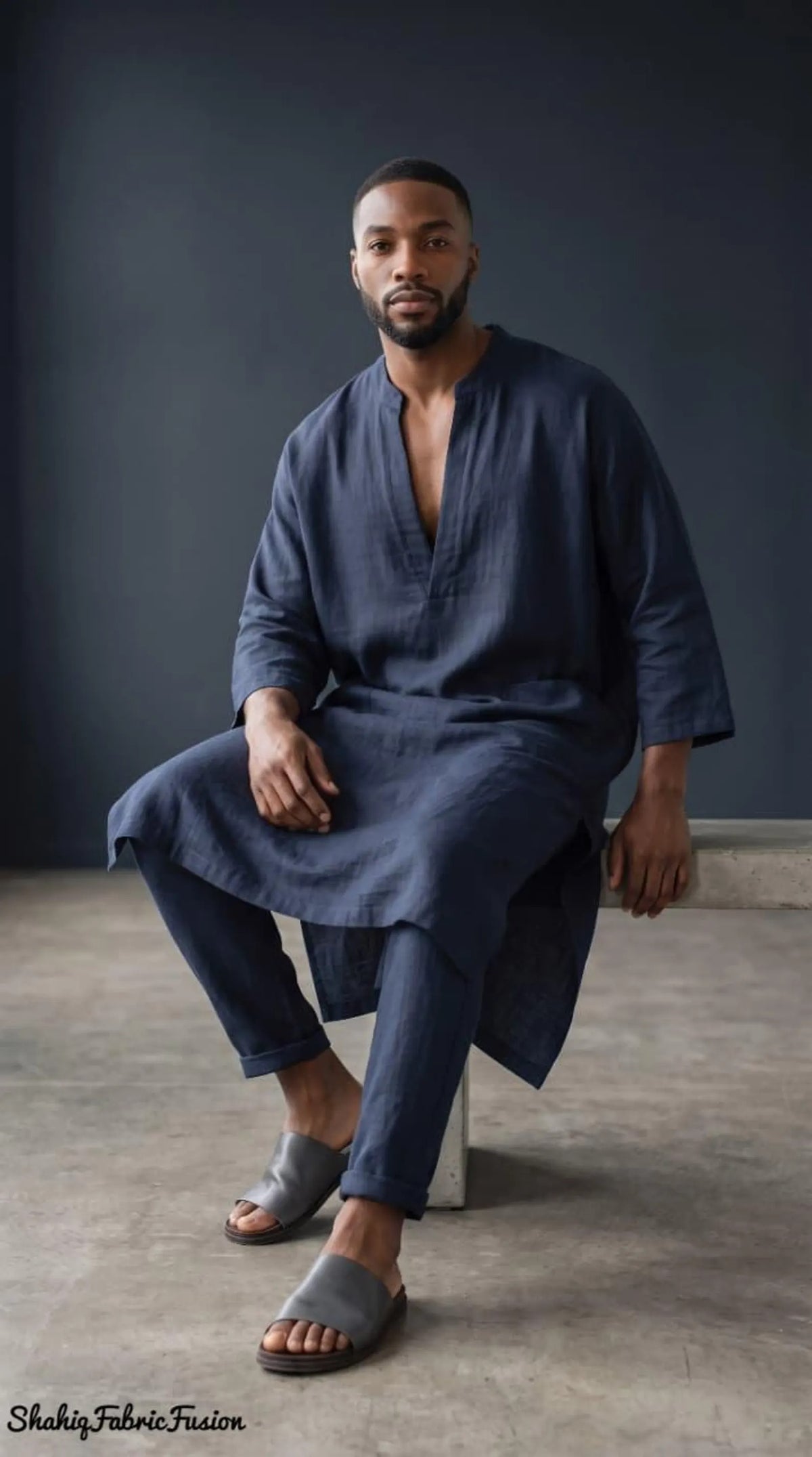 Men’s Navy Blue Linen Caftan, Traditional Spa Kaftan