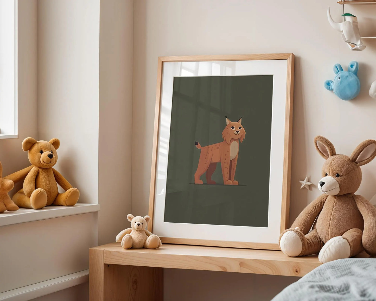 Whimsical Lynx Illustration Print, Modern Woodland Animal Wall Art for Kids Room
