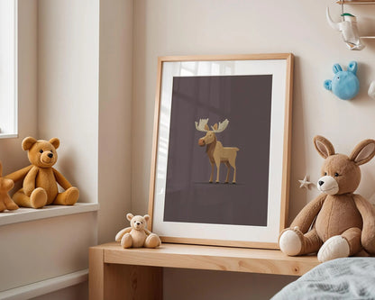 Cute Moose Nursery Wall Art Print, Woodland Animal Poster for Kids Room